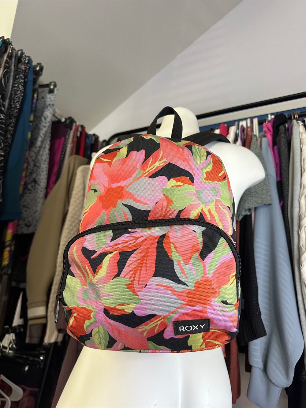 Roxy Floral Canvas Backpack in Black, Pink, Coral and Green